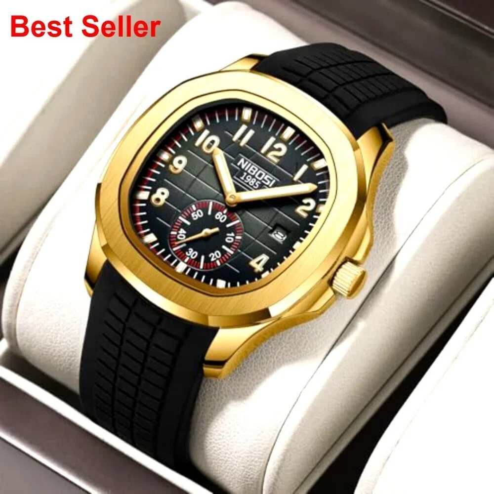 Analog Military Watch with Calendar Black Silicone Strap Waterproof